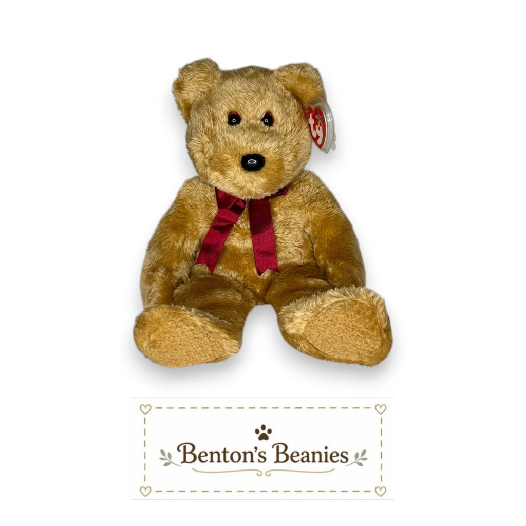 Benton's Beanies Curly the Bear Ty Beanie Buddy, honey-colored plush with burgundy ribbon, mint tags.