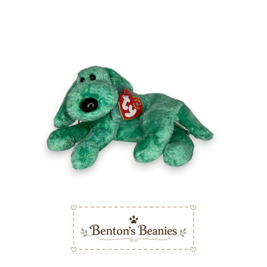 Benton's Beanies Diddley the Dog Ty Beanie Baby, a turquoise plush toy with floppy ears and a relaxed pose.