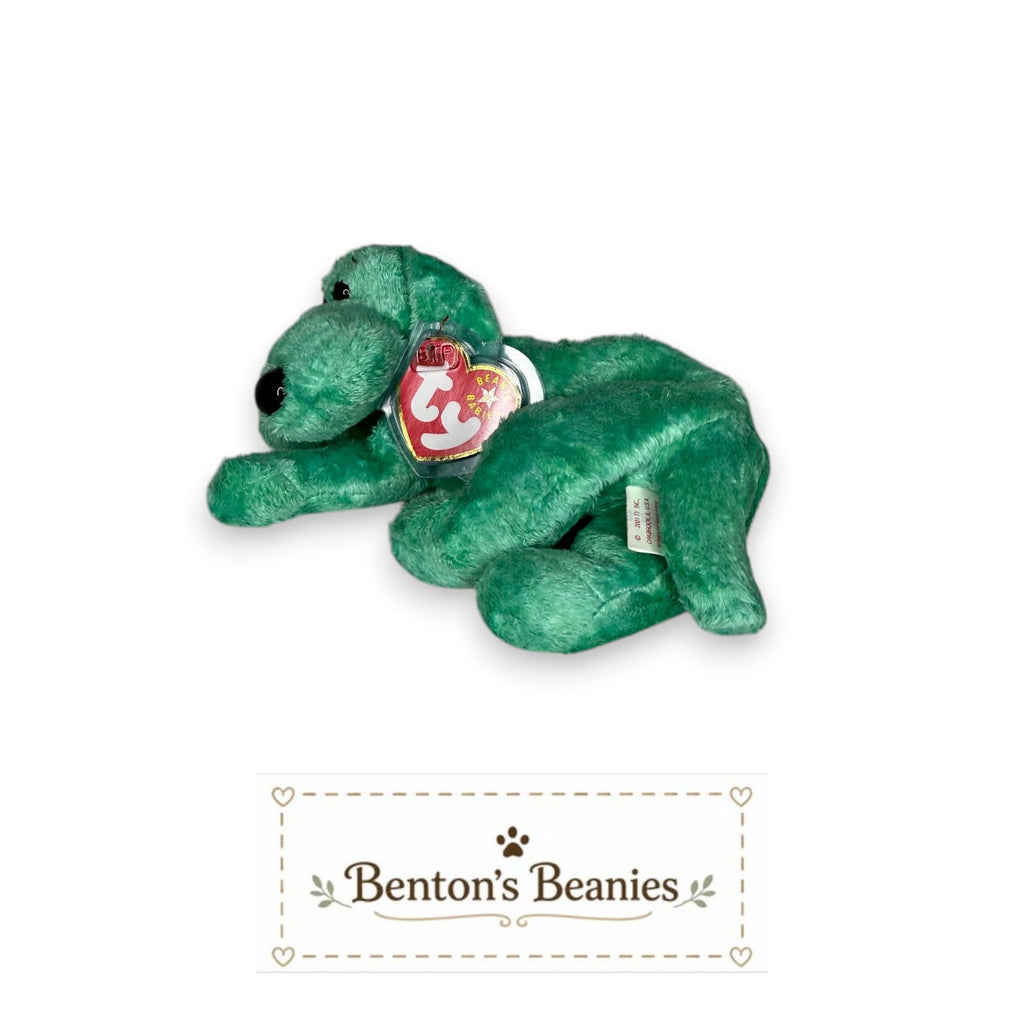 Benton's Beanies Diddley the Dog Ty Beanie Baby, turquoise plush with floppy ears and oversized nose, lying down.