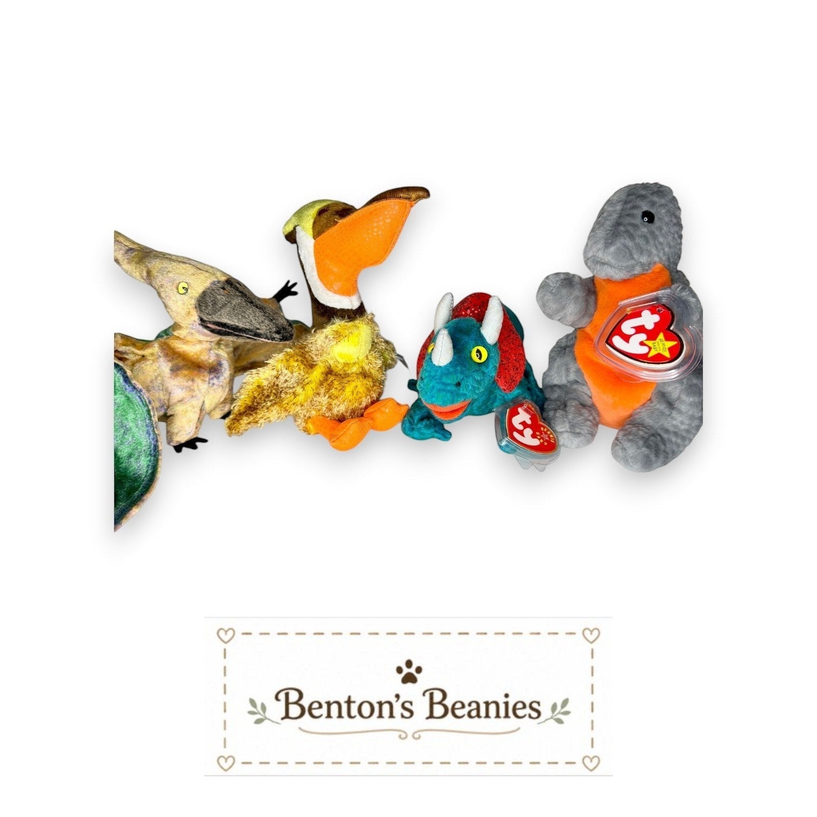 Benton's Beanies collection of four plush dinosaurs: a grey Tyrannosaurus, a teal Triceratops, a yellow Pteranodon, and a green dinosaur.