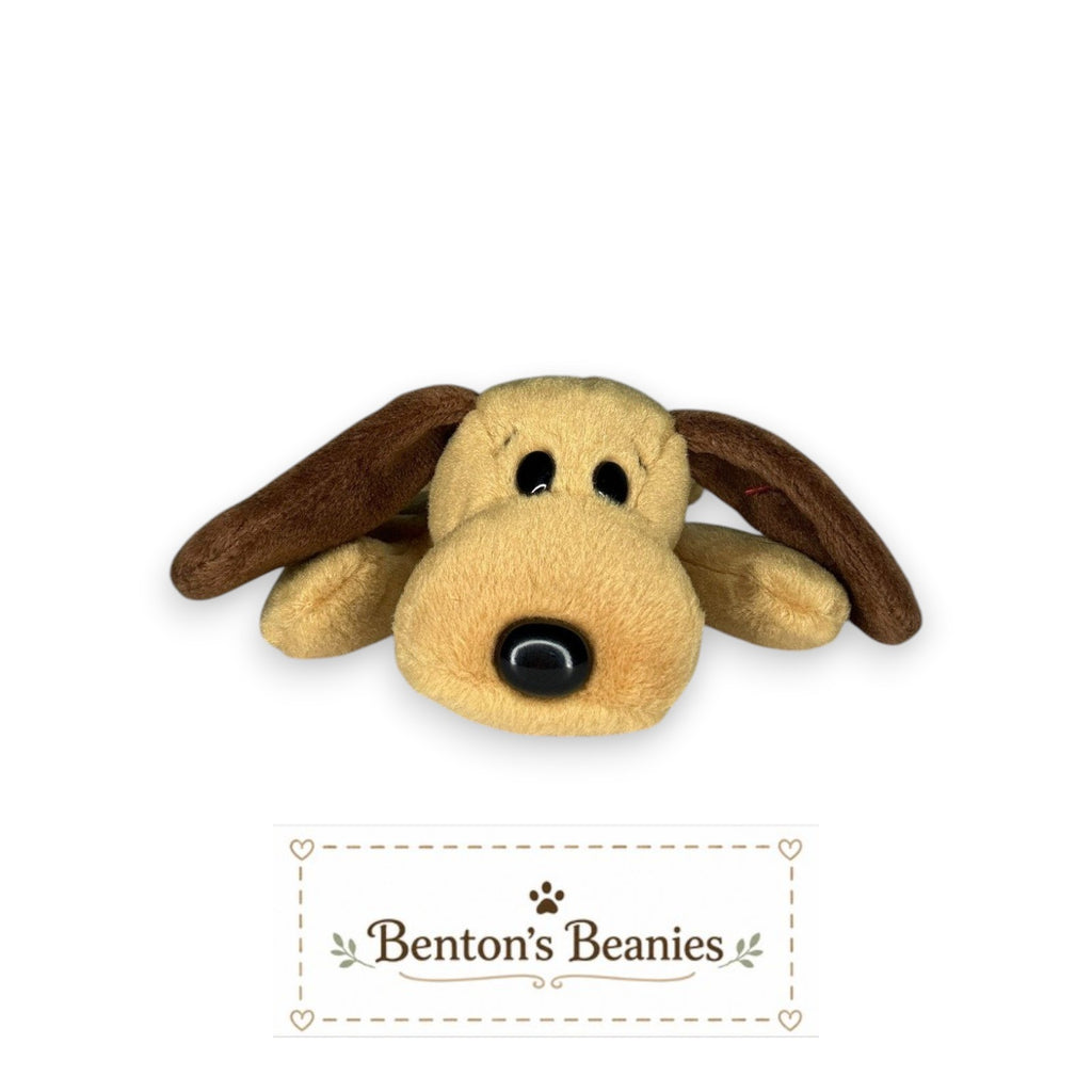 Benton's Beanies tan plush dog with brown floppy ears and black eyes, classic Beanie Baby style.