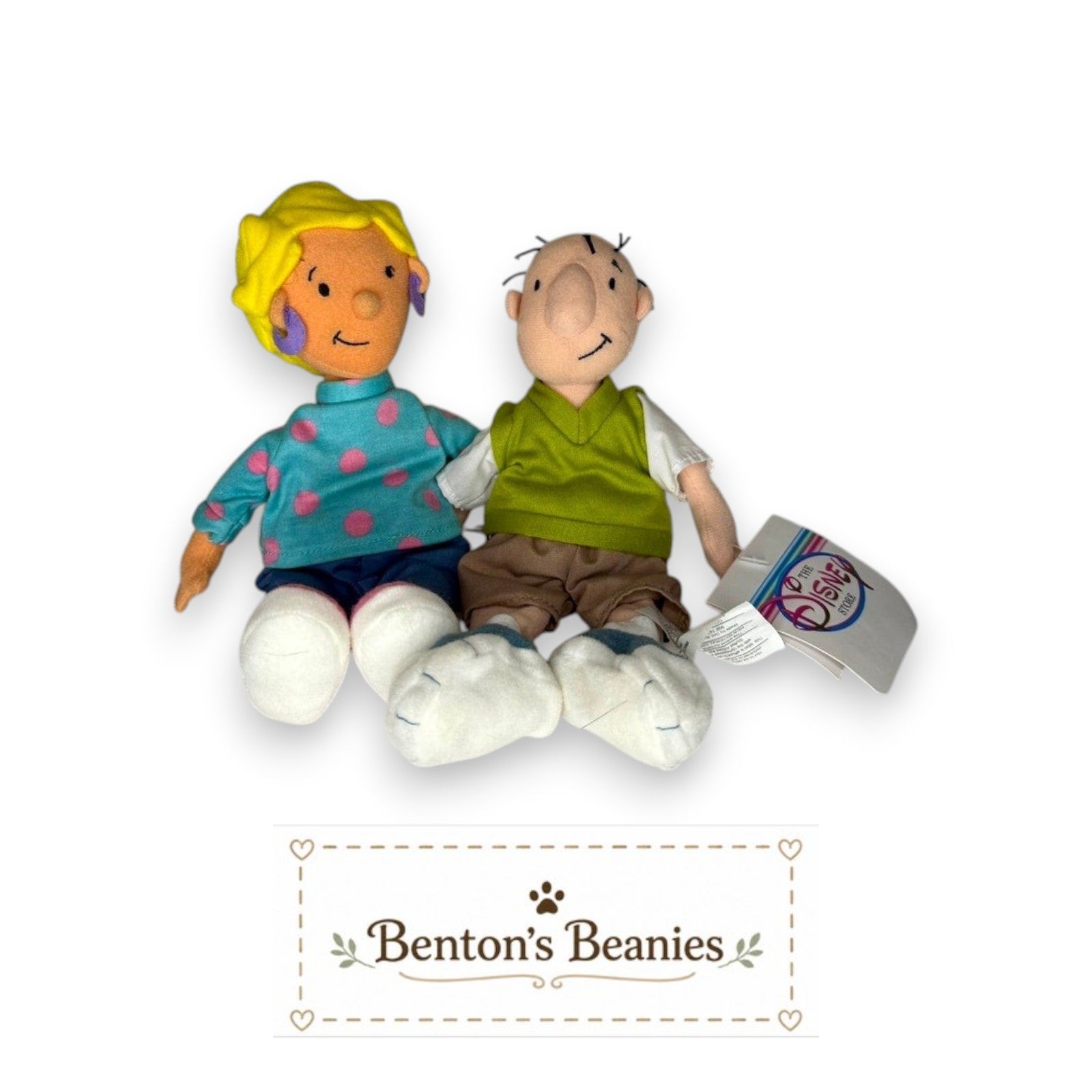 Benton's Beanies Doug Funnie & Patti Mayonnaise plush dolls, 1990s cartoon characters in classic outfits, soft fabric with embroidered details.