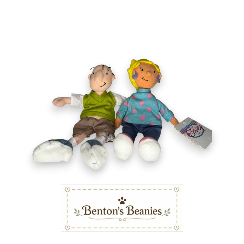 Benton's Beanies Doug Funnie & Patti Mayonnaise plush dolls in classic outfits. Doug wears a green vest, Patti a blue polka-dot shirt.