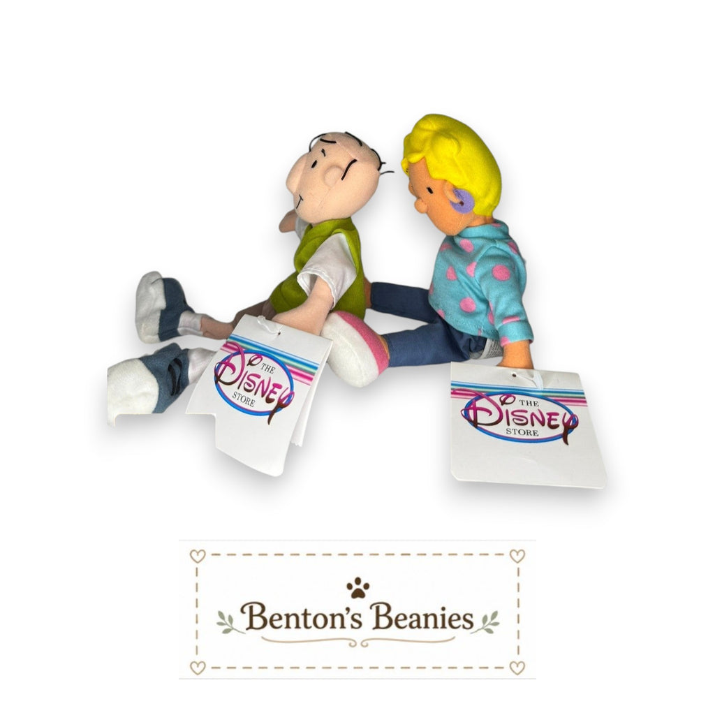 Benton's Beanies Doug Funnie & Patti Mayonnaise plush dolls in classic 90s outfits with Disney Store tags.