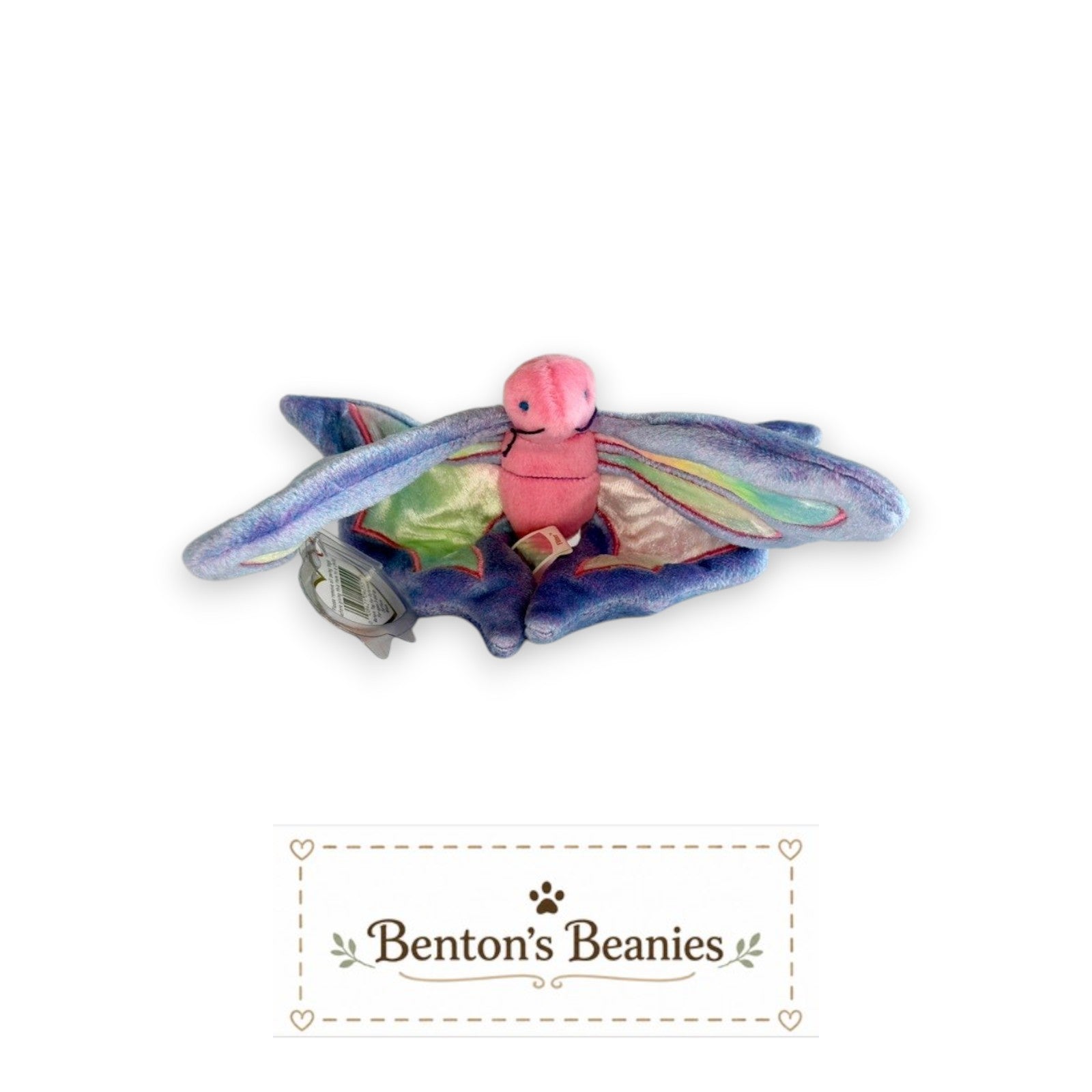 Benton's Beanies Flitter the Butterfly Ty Beanie Baby plush with pink body, pastel purple wings, and rainbow accents.