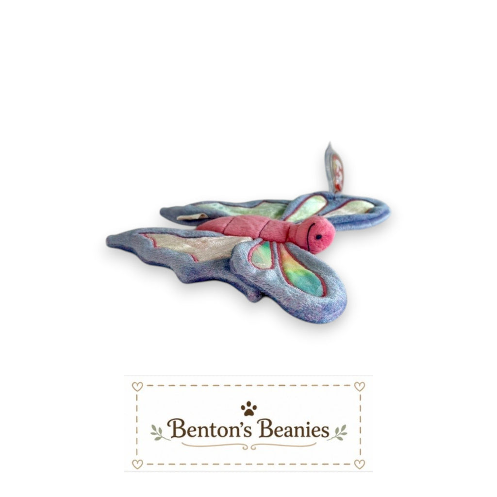 Benton's Beanies Flitter the Butterfly Ty Beanie Baby with pastel plush, rainbow wings, and embroidered details.