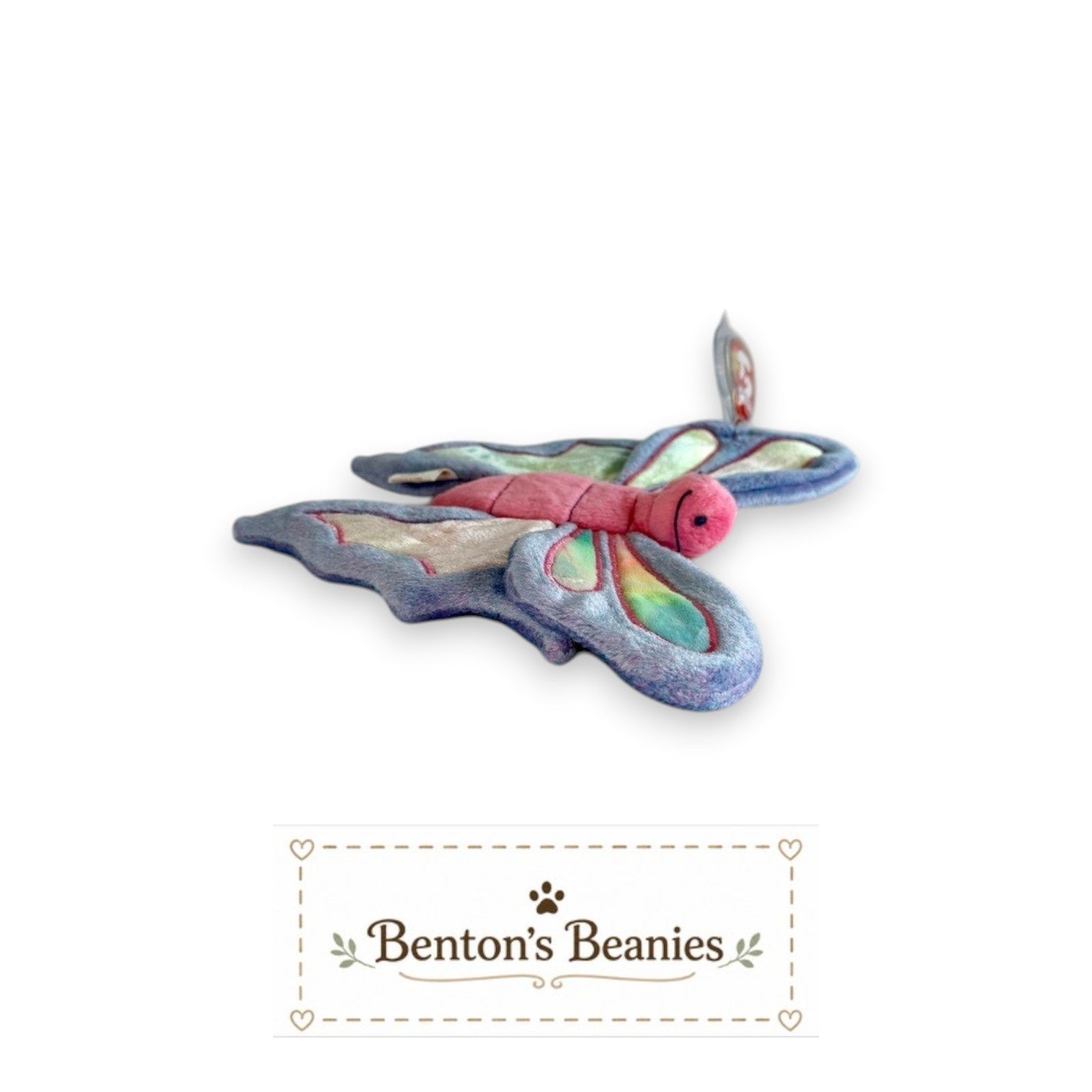 Benton's Beanies Flitter the Butterfly Ty Beanie Baby with pastel plush, rainbow wings, and embroidered details.