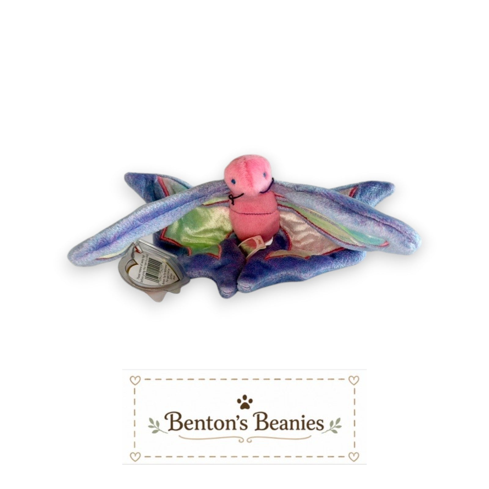 Benton's Beanies Flitter the Butterfly Ty Beanie Baby with pastel plush, rainbow wings, and embroidered details.