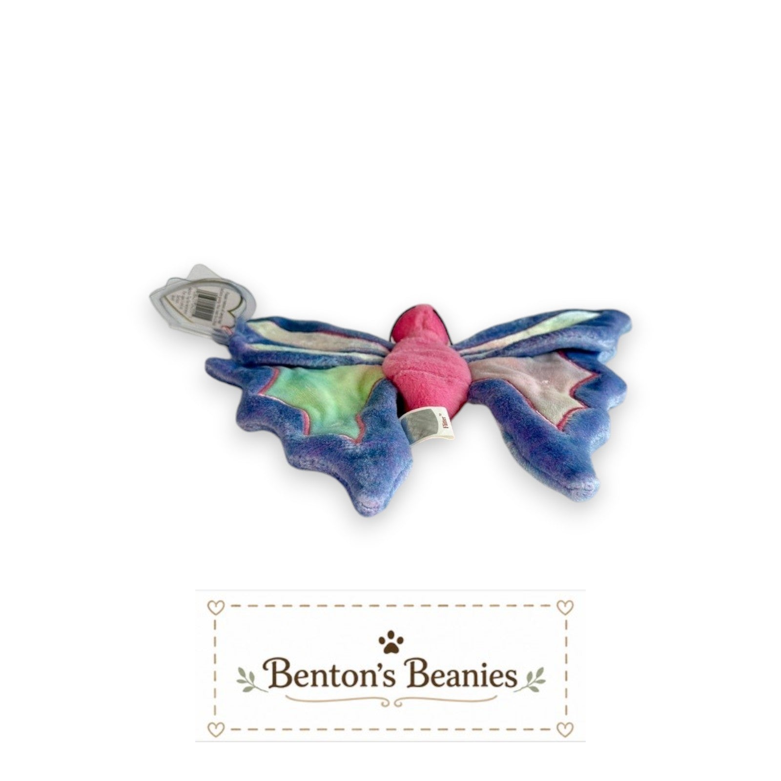 Benton's Beanies Flitter the Butterfly Ty Beanie Baby with pastel plush, rainbow wings, and embroidered details.