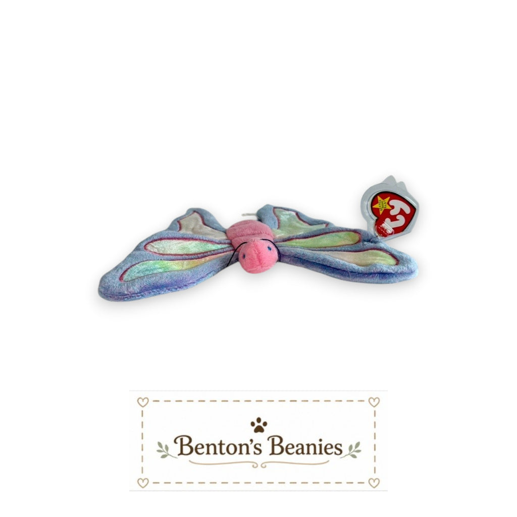 Benton's Beanies Flitter the Butterfly Ty Beanie Baby with pastel plush, rainbow wings, and embroidered details.