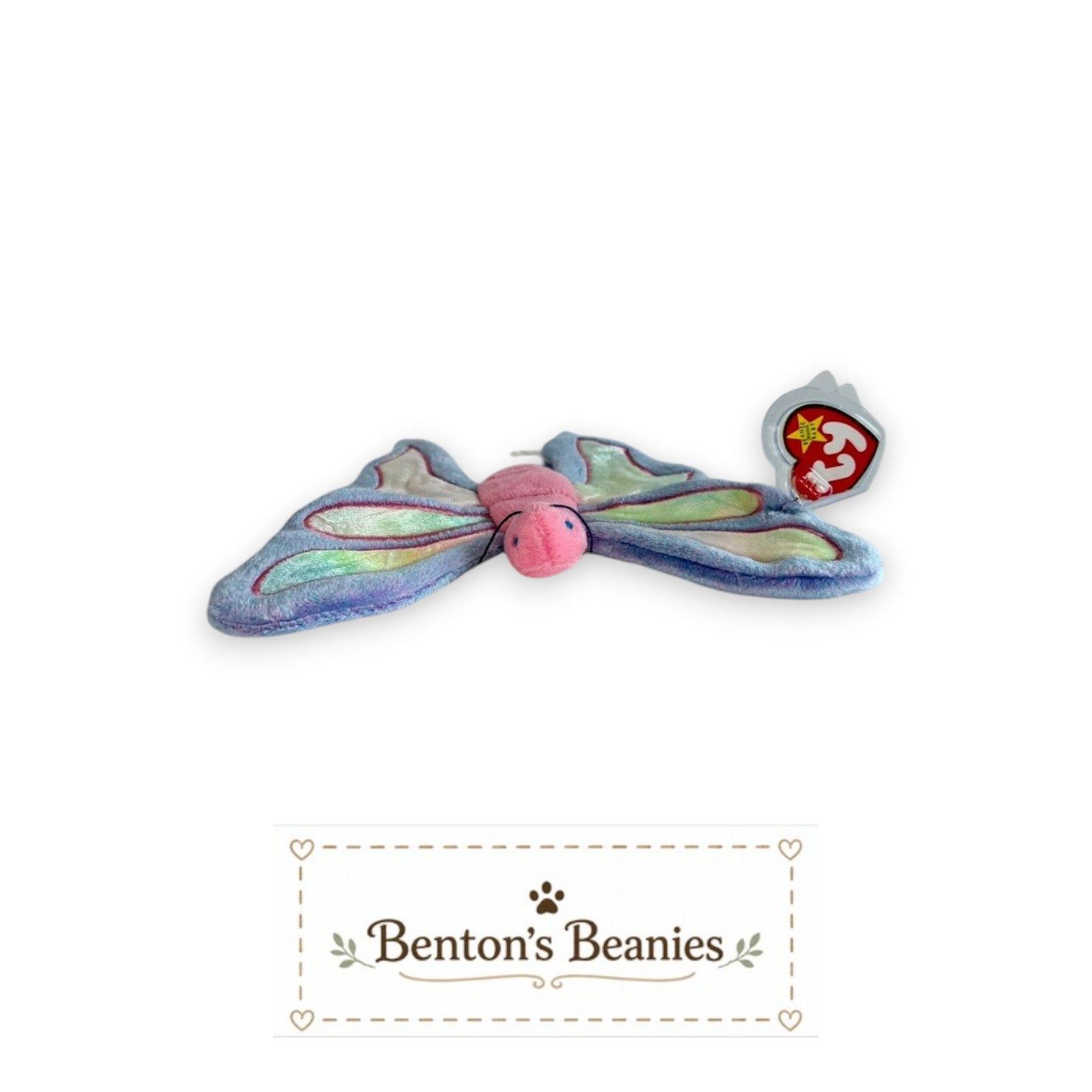 Benton's Beanies Flitter the Butterfly Ty Beanie Baby with pastel plush, rainbow wings, and embroidered details.