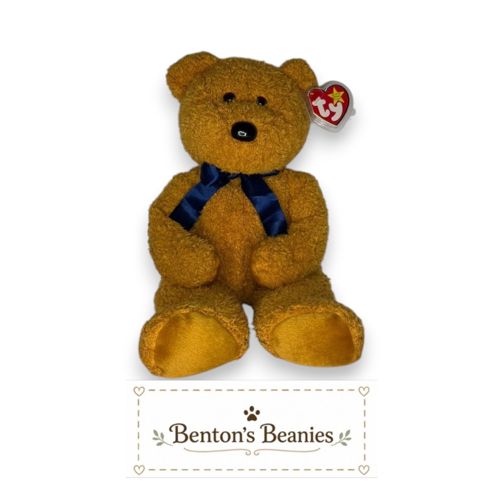 Benton's Beanies Fuzz the Bear Ty Beanie Buddy, golden-brown plush with navy satin ribbon, classic teddy bear design.