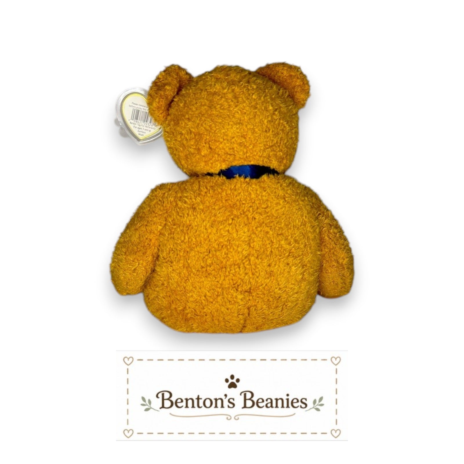 Benton's Beanies Fuzz the Bear Ty Beanie Buddy, golden-brown plush with navy ribbon, mint tags