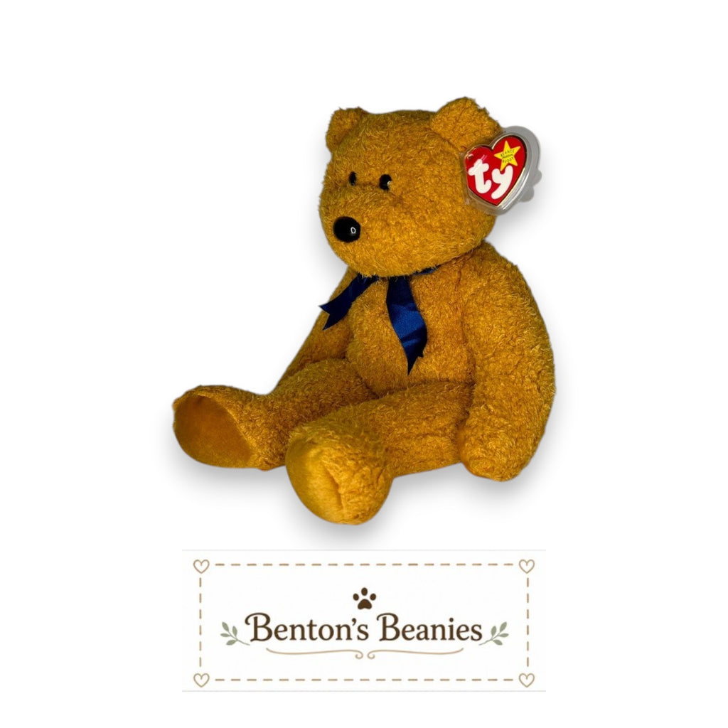 Benton's Beanies Fuzz the Bear Ty Beanie Buddy, golden-brown plush with navy ribbon, mint tags.