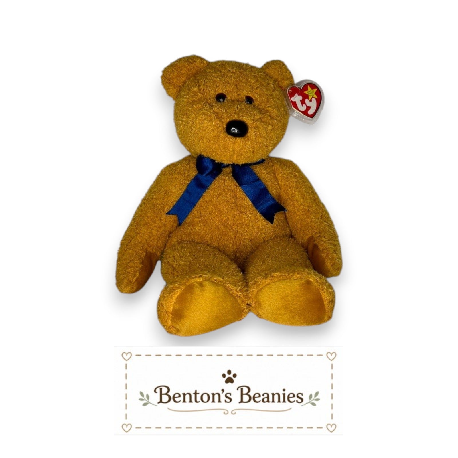Benton's Beanies Fuzz the Bear Ty Beanie Buddy, golden-brown plush teddy bear with navy satin ribbon and mint tags.