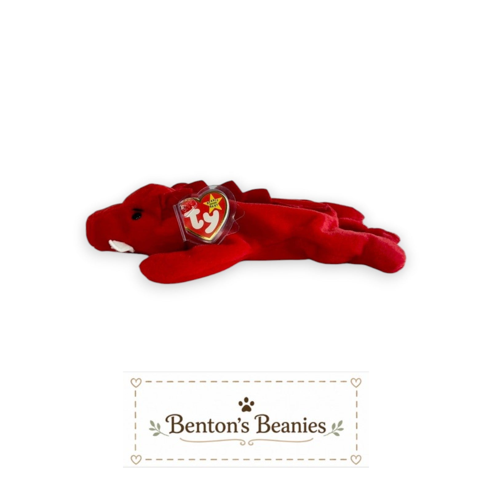 Benton's Beanies Grunt the Razorback Ty Beanie Baby, a bright red plush wild boar with tusks and mint heart & tush tags.