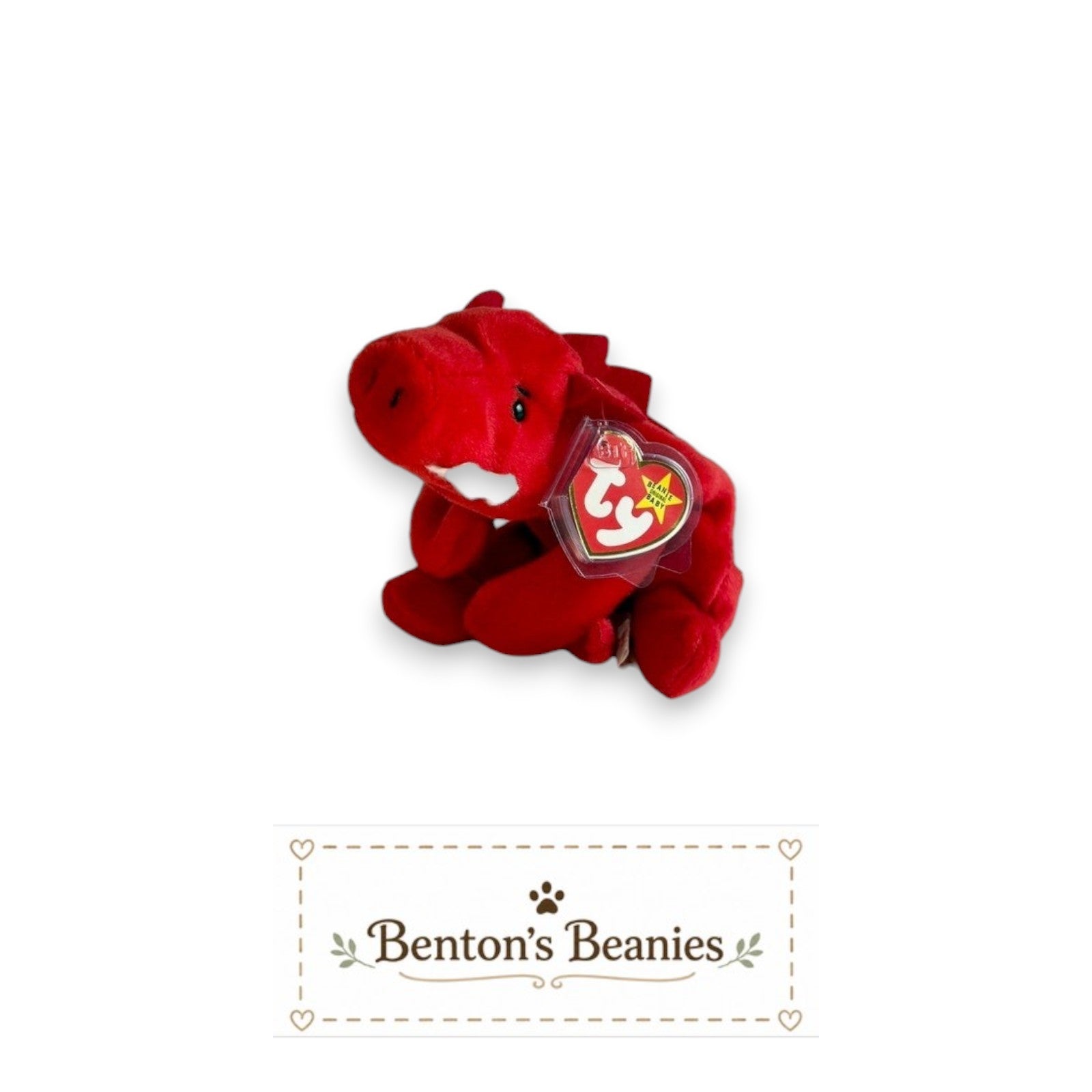 Benton's Beanies Grunt the Razorback Ty Beanie Baby, bright red plush wild boar with tusks and original tags.