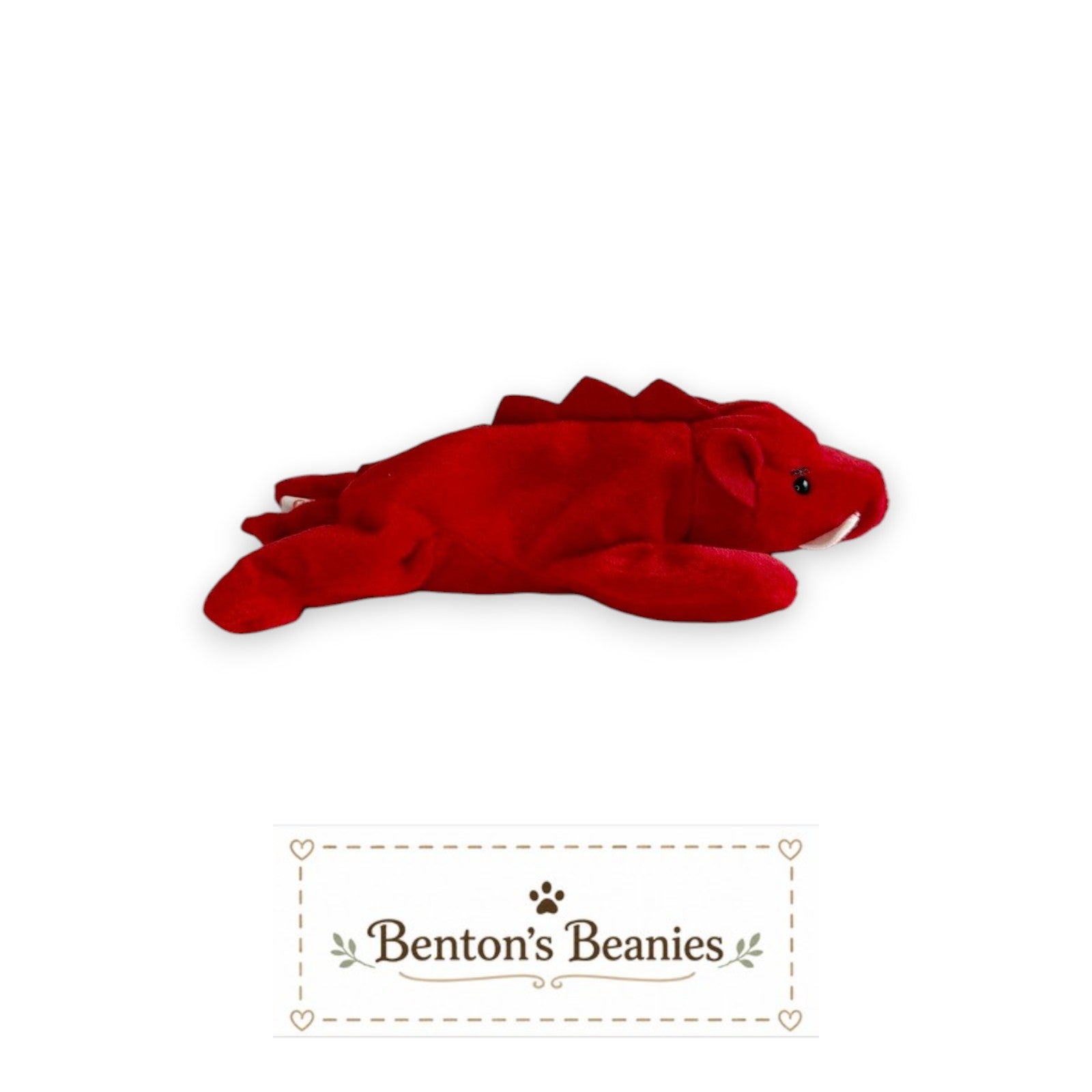 Benton's Beanies Grunt the Razorback Ty Beanie Baby, bright red plush wild boar with white tusks and a spiky back.
