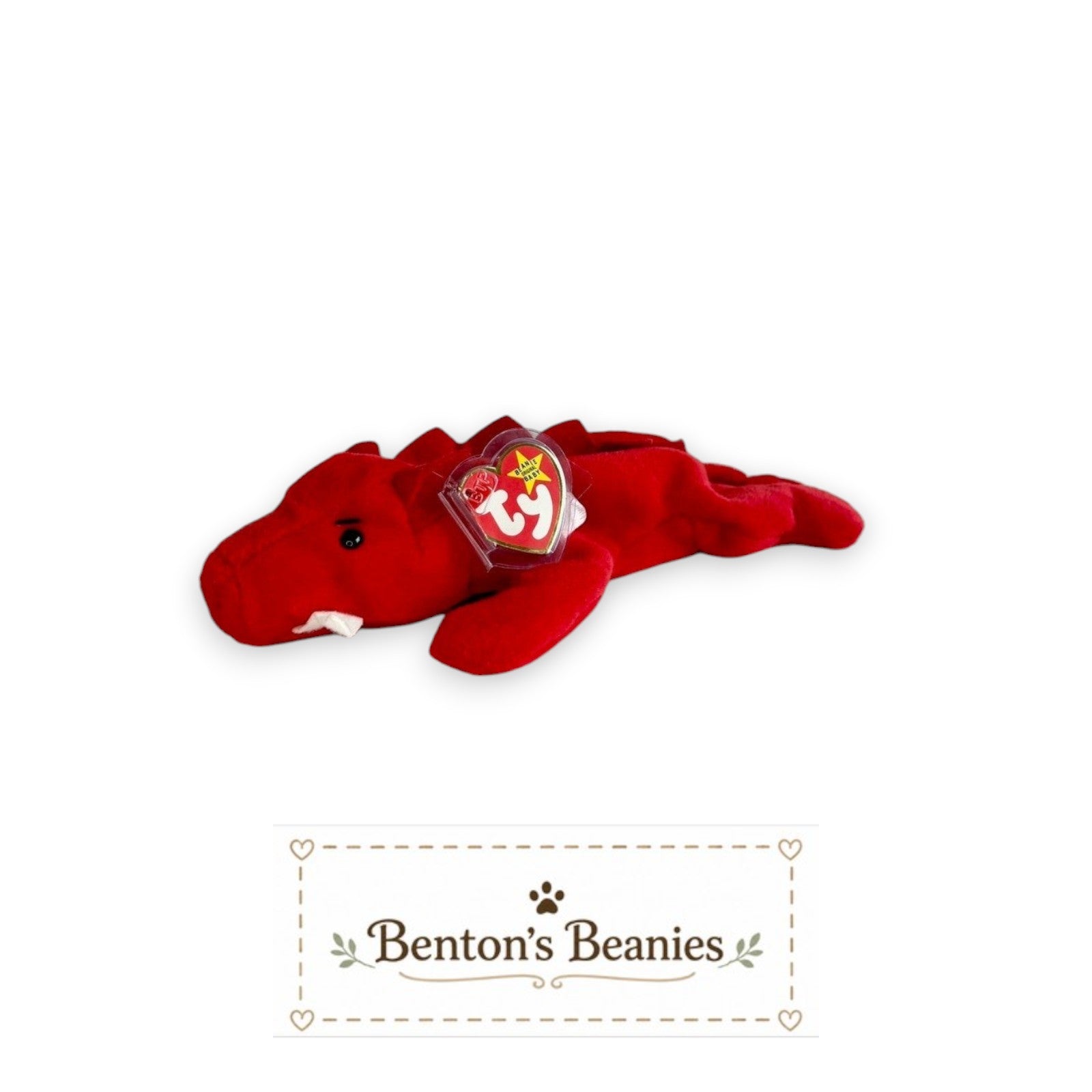Benton's Beanies Grunt the Razorback Ty Beanie Baby, bright red plush with white tusks and mint heart & tush tags.