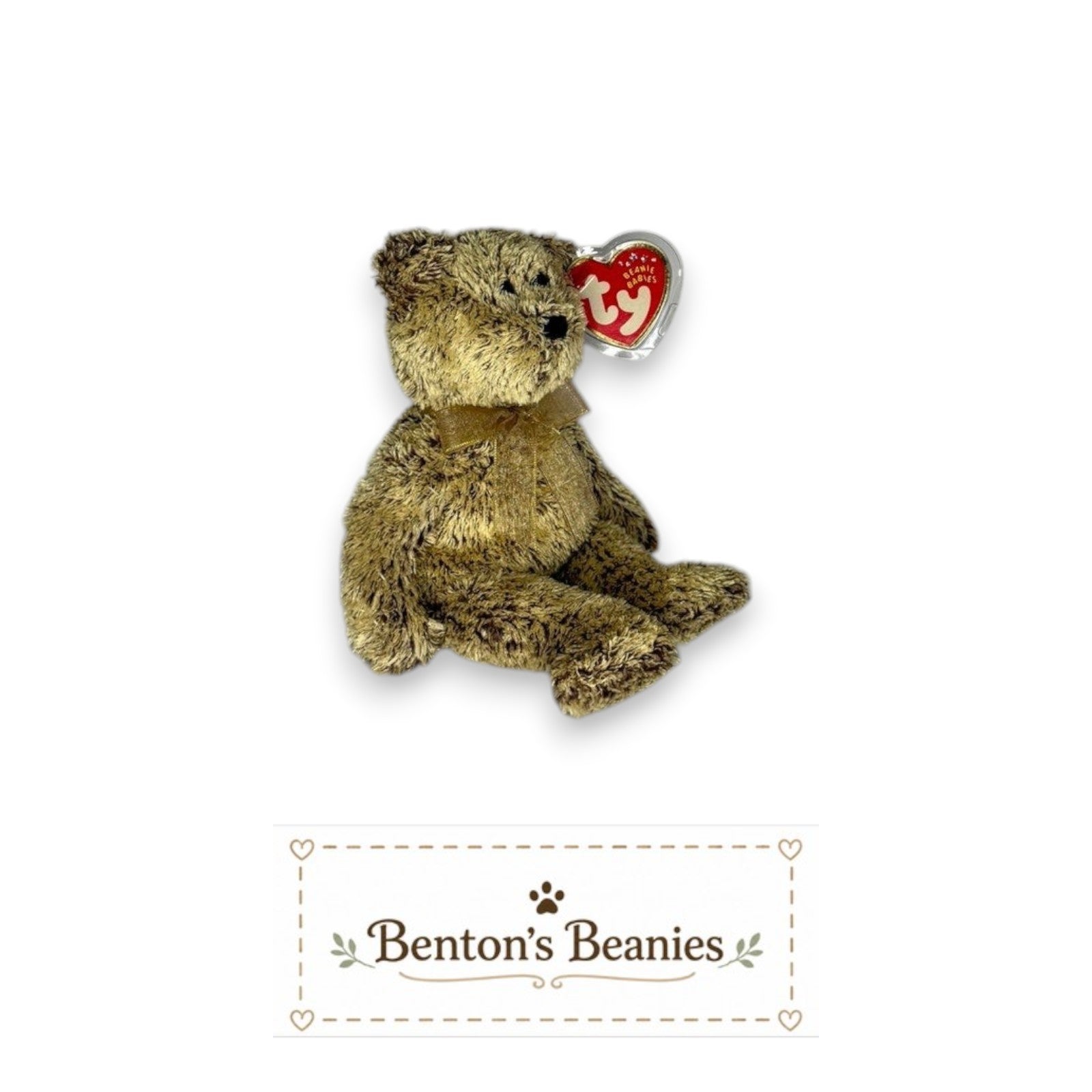 Benton's Beanies Harry the Bear TY Beanie Baby with scruffy brown plush, ribbon, and original heart tag.