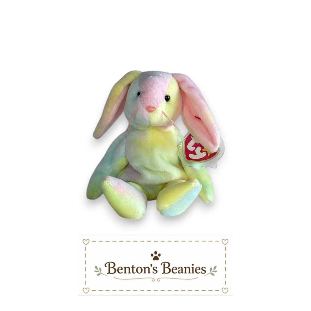 Benton's Beanies Hippie the Rabbit TY Beanie Baby, pastel tie-dye plush with floppy ears and mint tags.