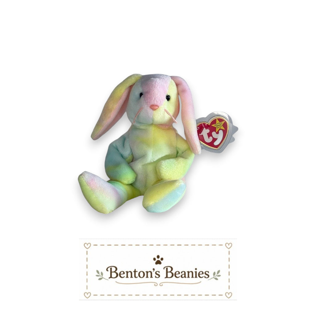Benton's Beanies Hippie the Rabbit TY Beanie Baby, pastel tie-dye plush with floppy ears and mint tags.