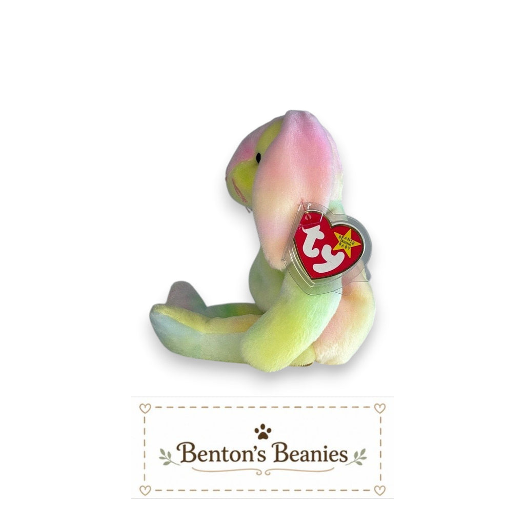 Benton's Beanies Hippie the Rabbit TY Beanie Baby, pastel tie-dye plush with floppy ears and heart tag.