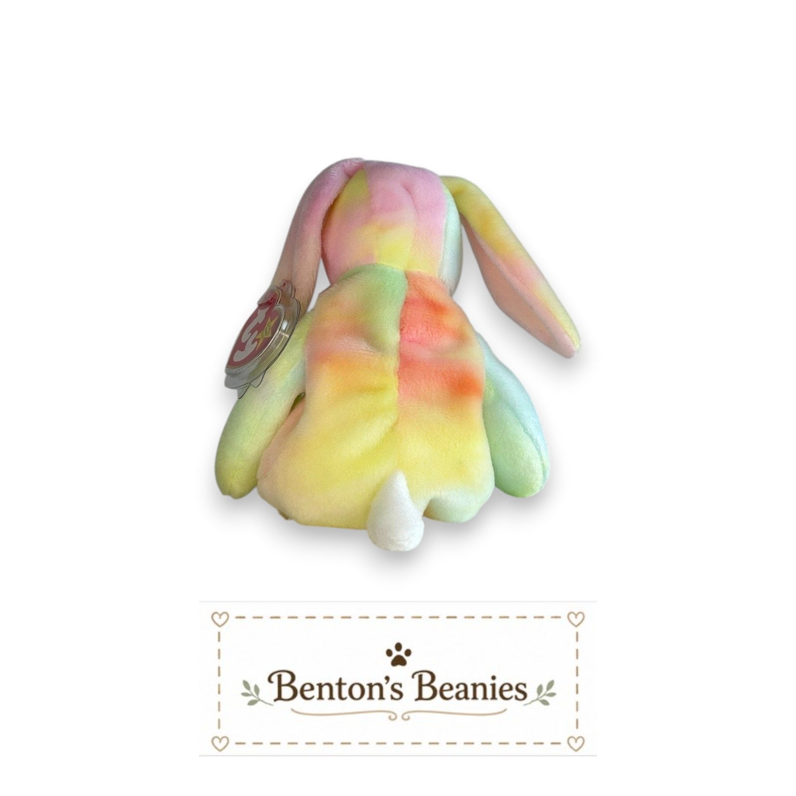 Benton's Beanies Hippie the Rabbit TY Beanie Baby, pastel tie-dye plush with floppy ears and white tail.
