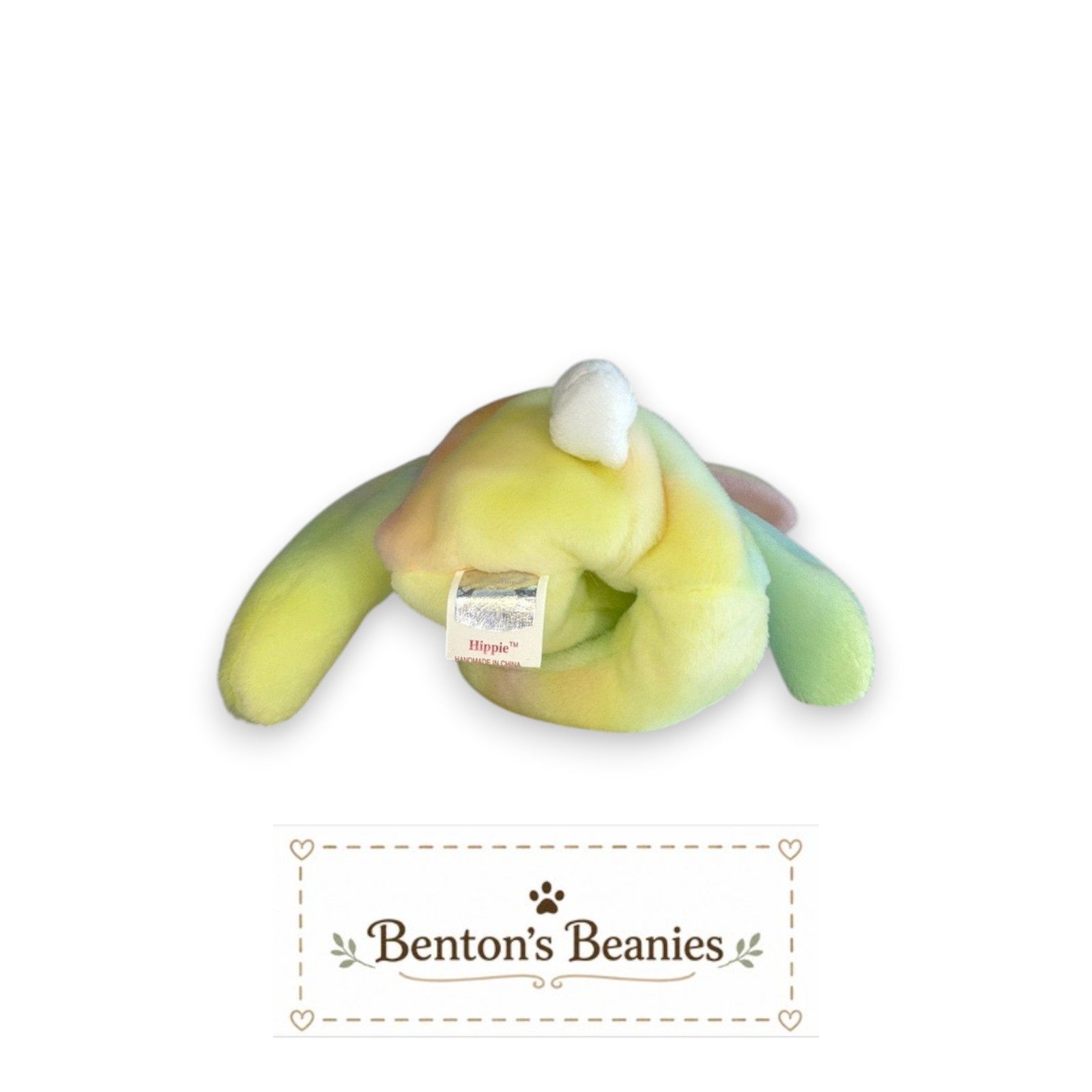 Benton's Beanies Hippie the Rabbit TY Beanie Baby, pastel tie-dye plush with floppy ears and white accents.