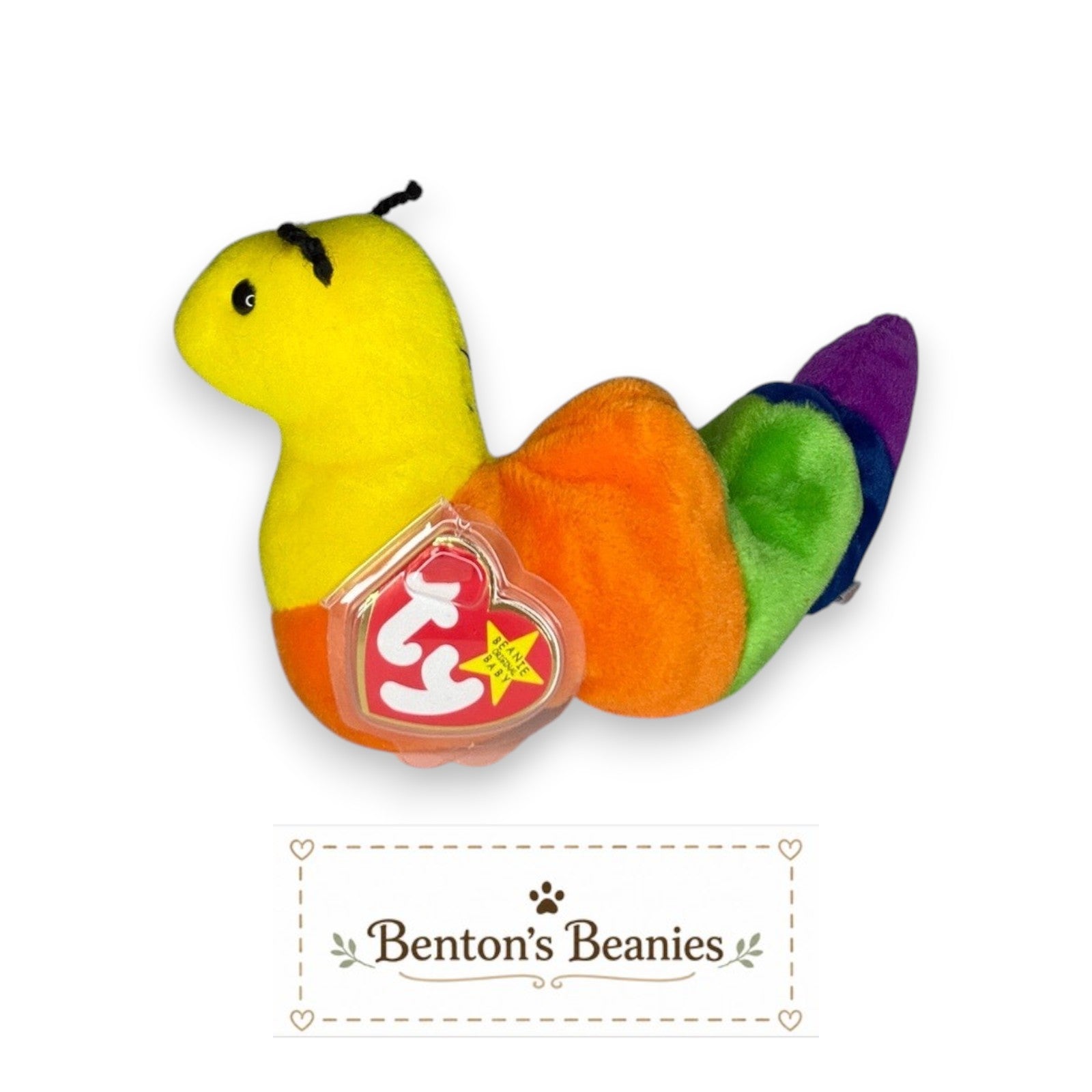 Benton's Beanies Inch the Worm Ty Beanie Baby with rainbow-striped plush body and original heart tag attached