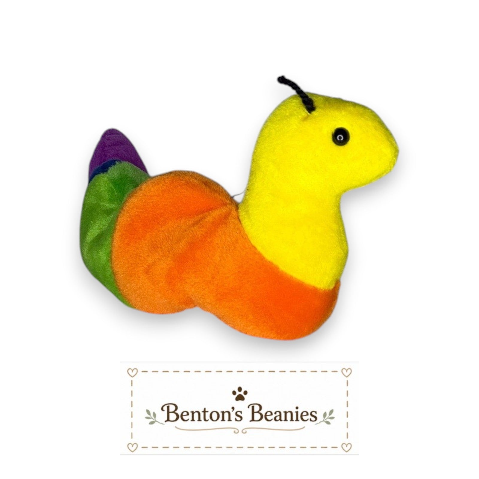 Benton's Beanies Inch the Worm TY Beanie Baby with rainbow-striped plush body and original tags.