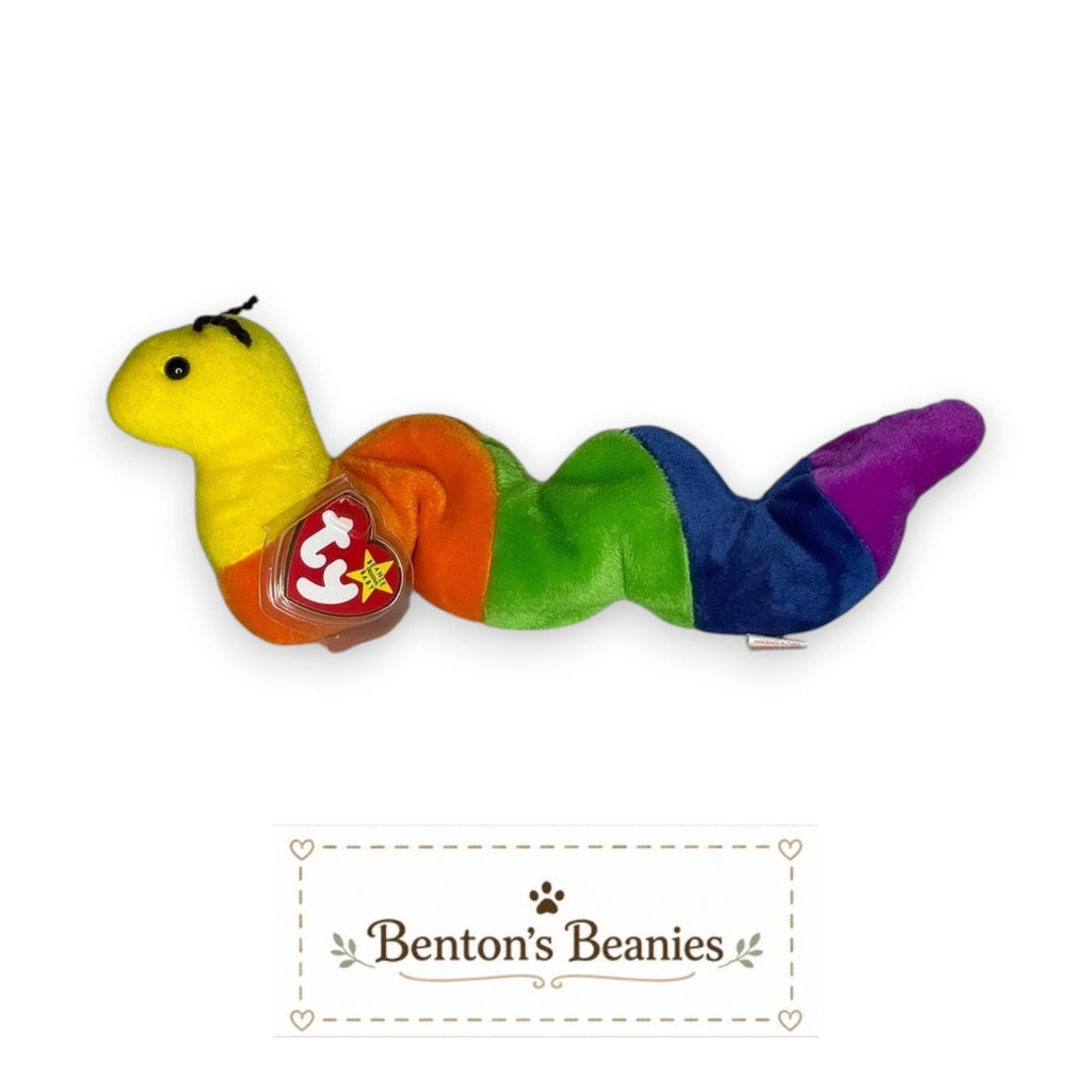 Benton's Beanies Inch the Worm Ty Beanie Baby with rainbow-striped plush body and original heart tag attached.