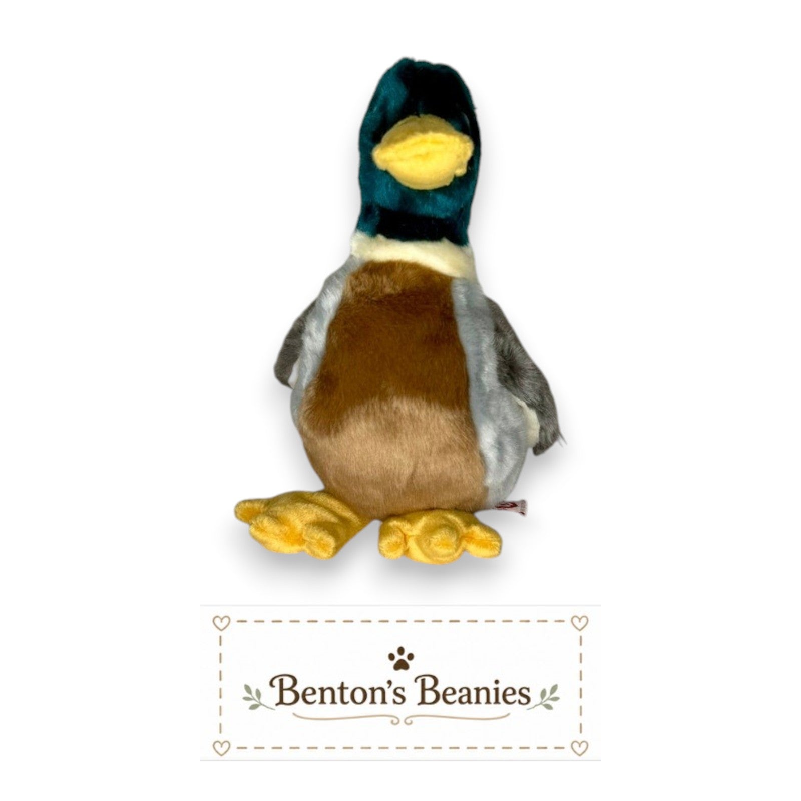 Benton's Beanies Jake the Duck Ty Beanie Buddy plush toy with forest green, brown, gray, and cream colors, and a yellow bill.