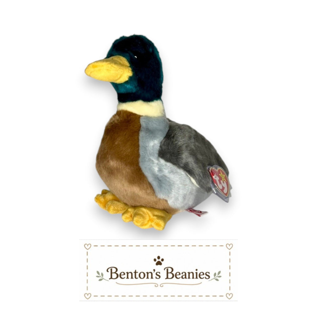 Benton's Beanies Jake the Duck Ty Beanie Buddy plush toy with green, brown, gray, and cream colors and a yellow bill.