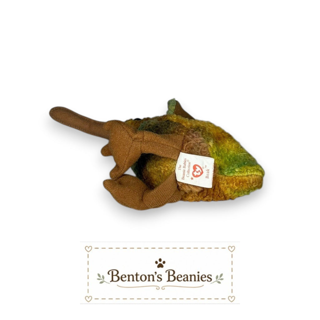Benton's Beanies Beak the Kiwi Bird TY Beanie Baby plush toy with brown and green mottled fur, long beak, and oversized feet.
