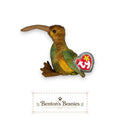 Benton's Beanie Baby Beak the Kiwi Bird plush toy with brown and green fuzzy texture, long beak, and TY tag.