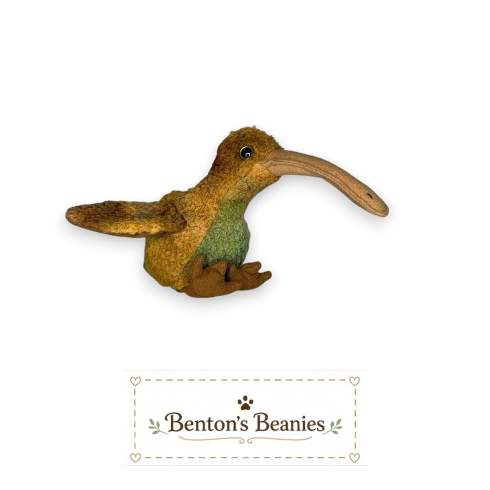 Benton's Beanie's Beak the Kiwi Bird plush toy with brown and green fuzzy fabric, long beak, and mint condition tags.