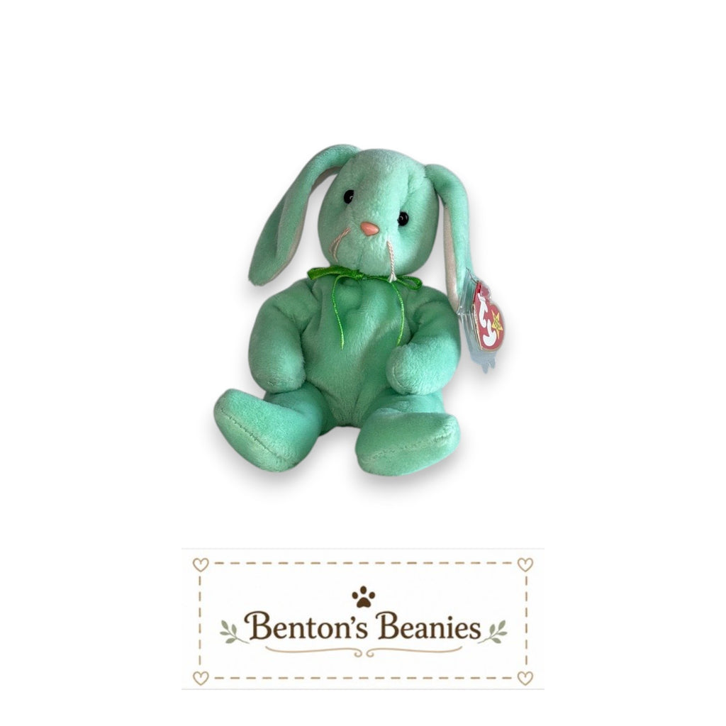 Benton's Beanies mint green plush rabbit with floppy ears and green ribbon, classic Beanie Baby design.