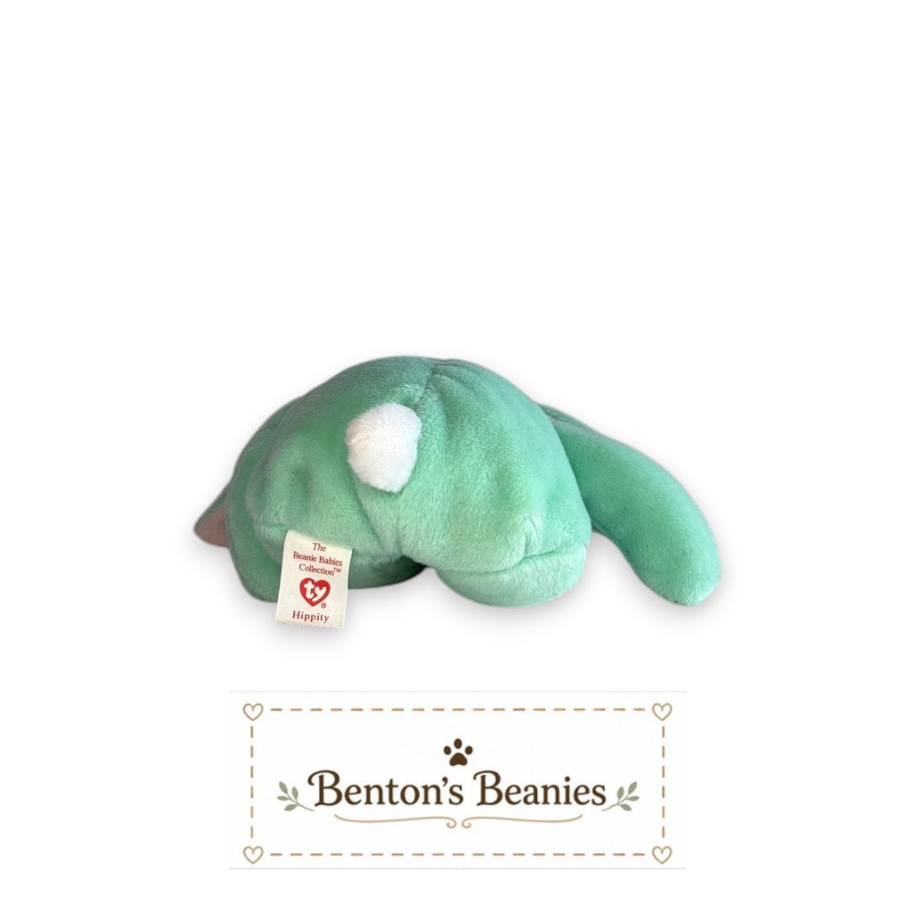 Benton's Beanies mint green plush rabbit stuffed animal with floppy ears and a white tail.