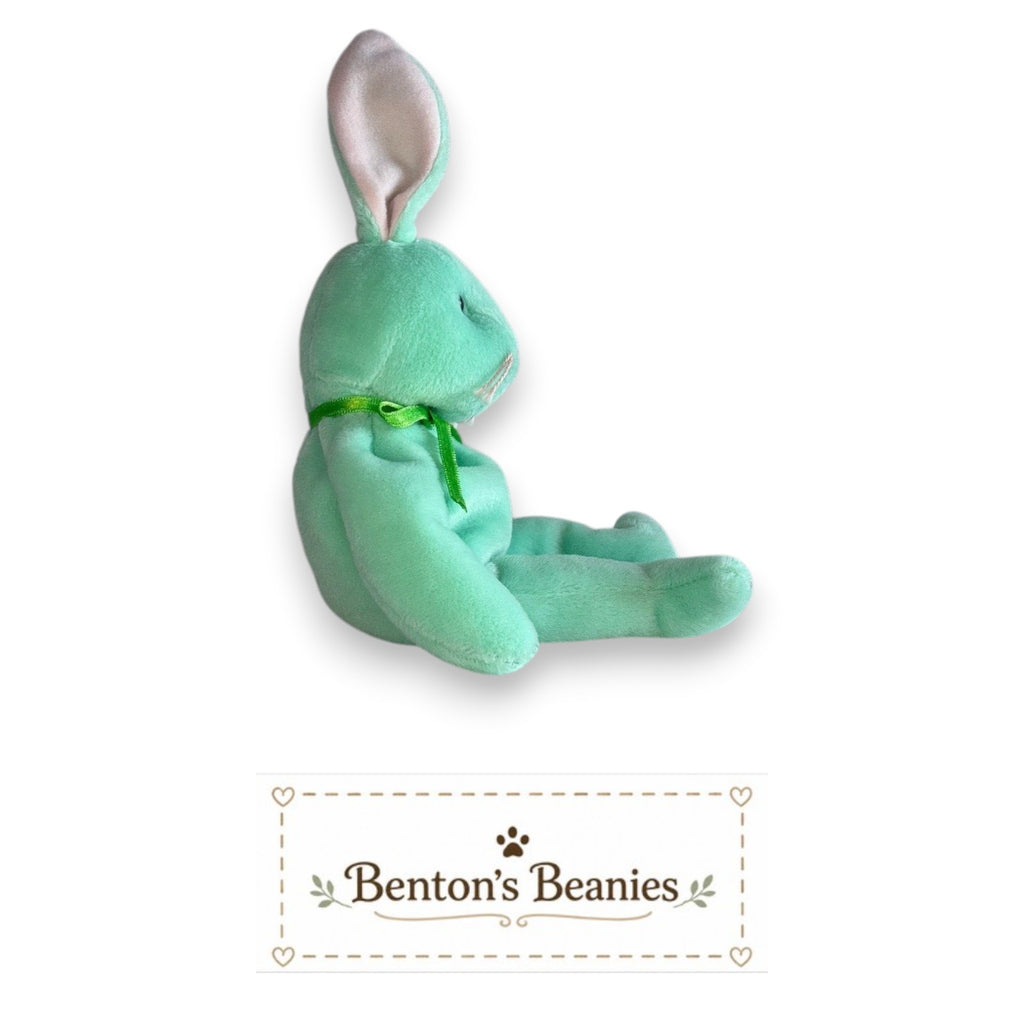 Benton's Beanies mint green plush rabbit stuffed animal with floppy ears and green ribbon.