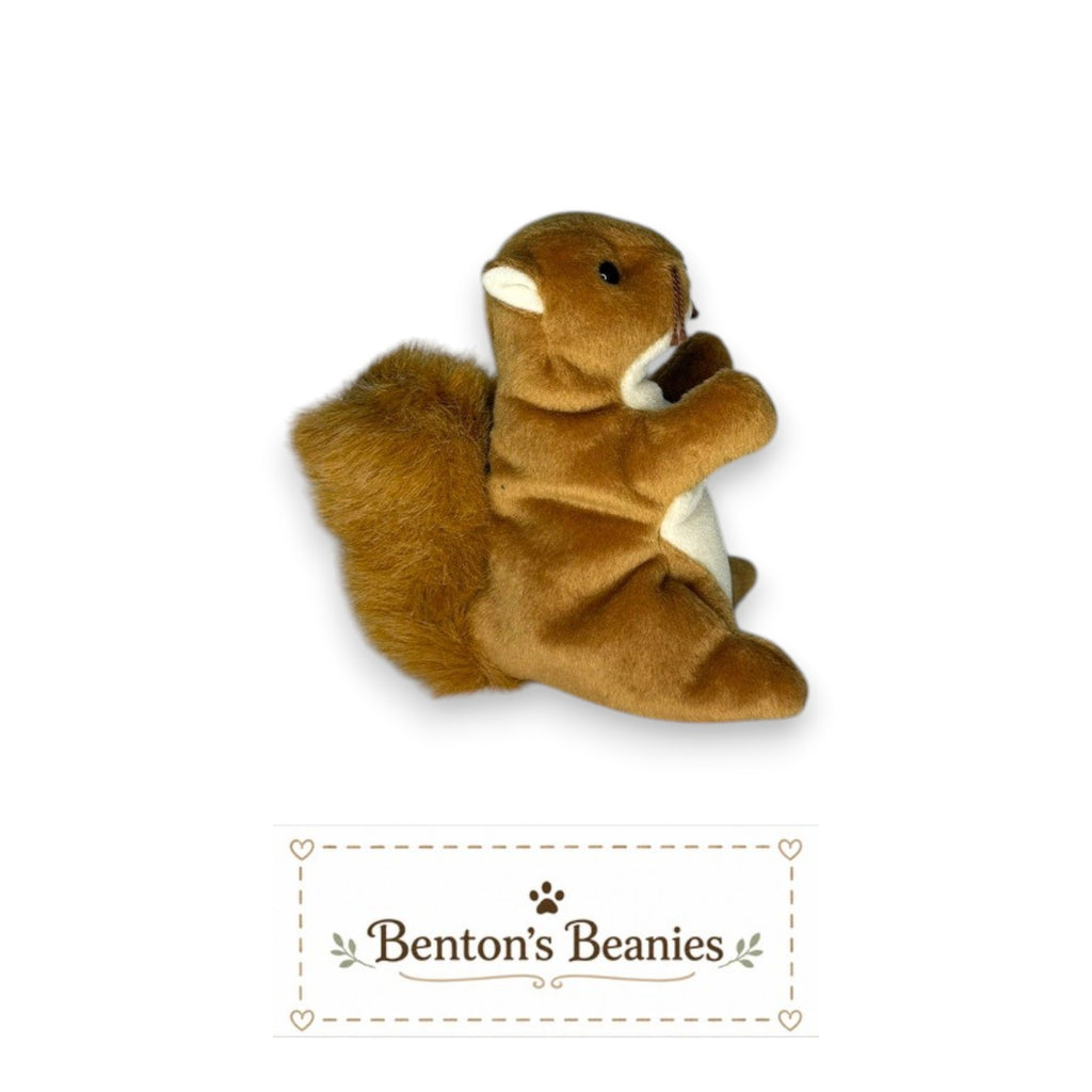 Benton's Beanies Nuts the Squirrel Ty Beanie Baby plush with soft brown fur, fluffy tail, and original tags.