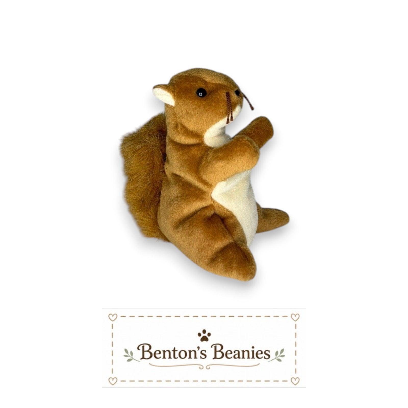 Benton's Beanies Nuts the Squirrel Ty Beanie Baby with brown plush fur, fluffy tail, and original tags.