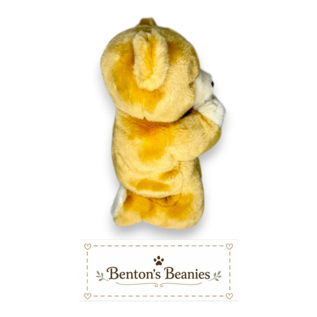 Benton's Beanies golden plush praying bear with embroidered eyes and folded paws.