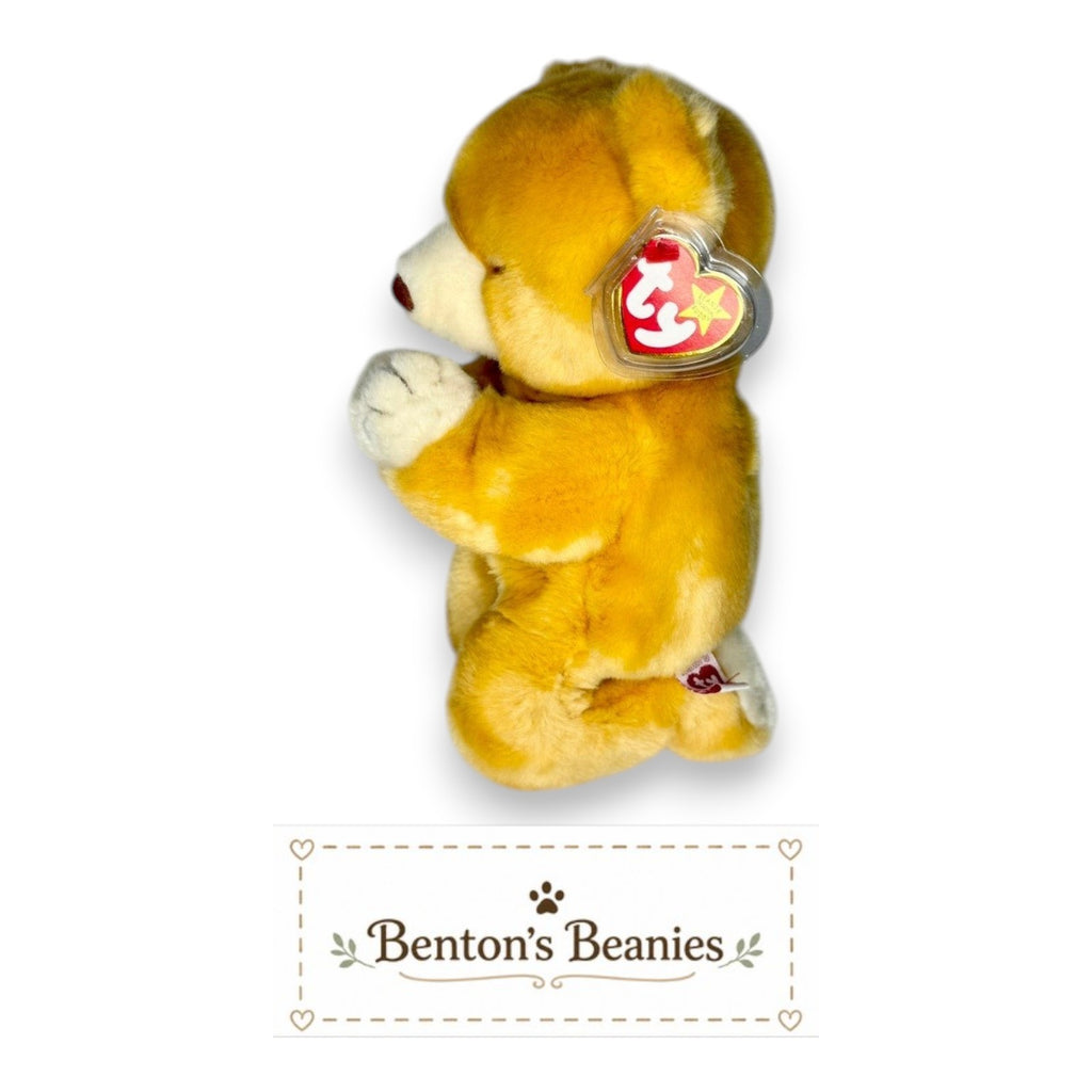 Benton's Beanies golden plush praying bear with embroidered eyes and folded paws. Vintage Ty Beanie Buddy.