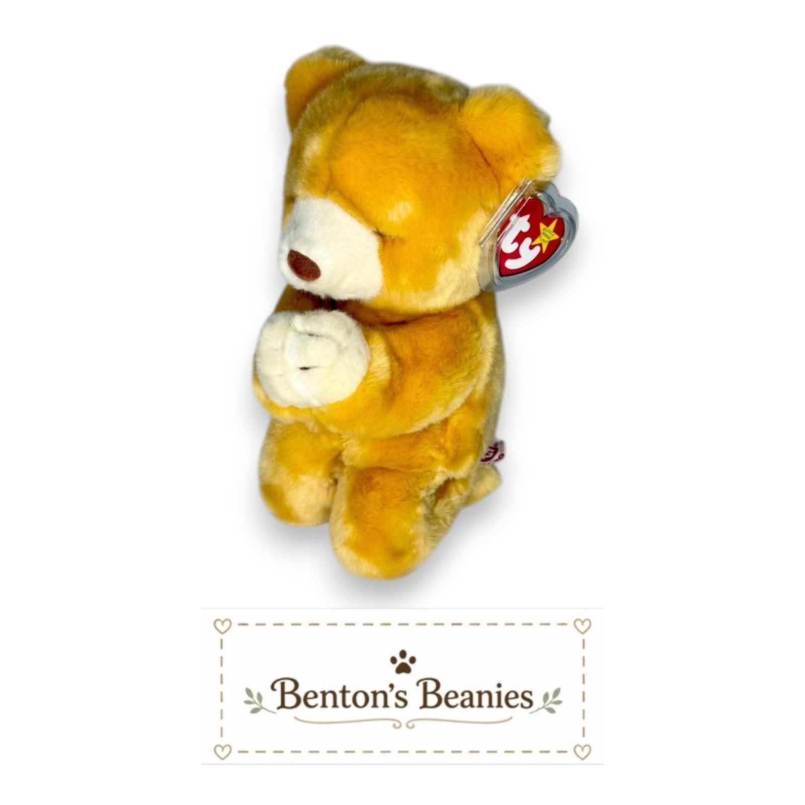 Benton's Beanies golden plush praying bear with embroidered eyes and folded paws.
