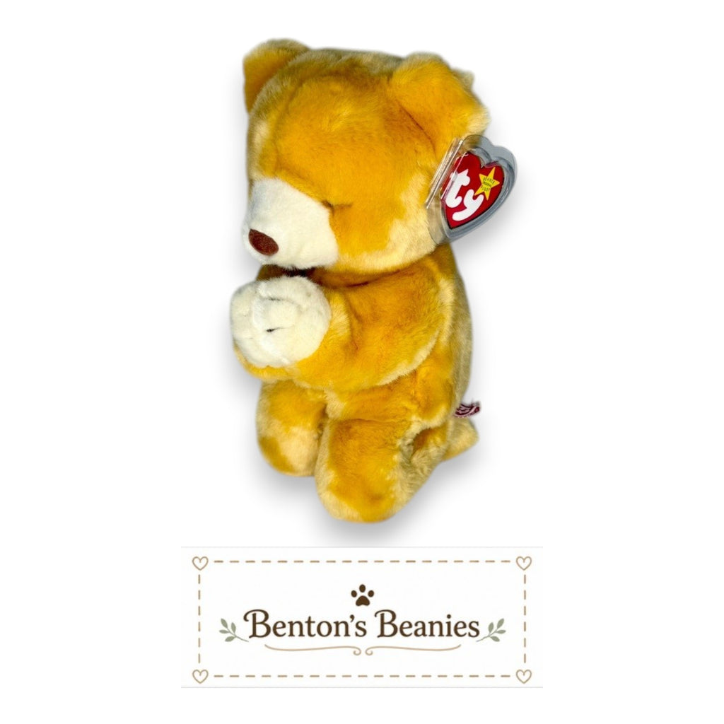 Benton's Beanies golden plush praying bear with closed eyes and folded paws, Ty tag attached.