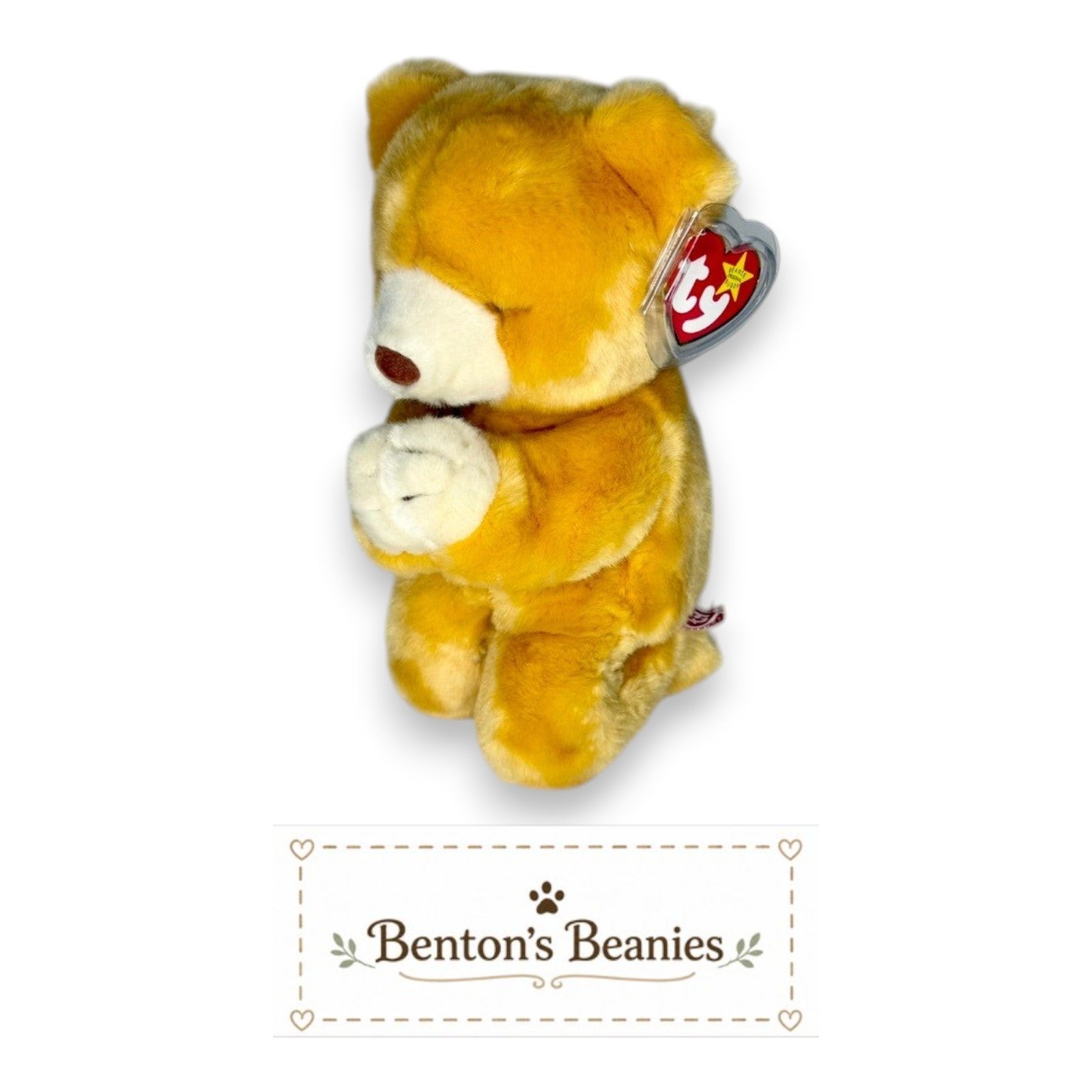 Benton's Beanies golden plush praying bear with closed eyes and folded paws, Ty tag attached.