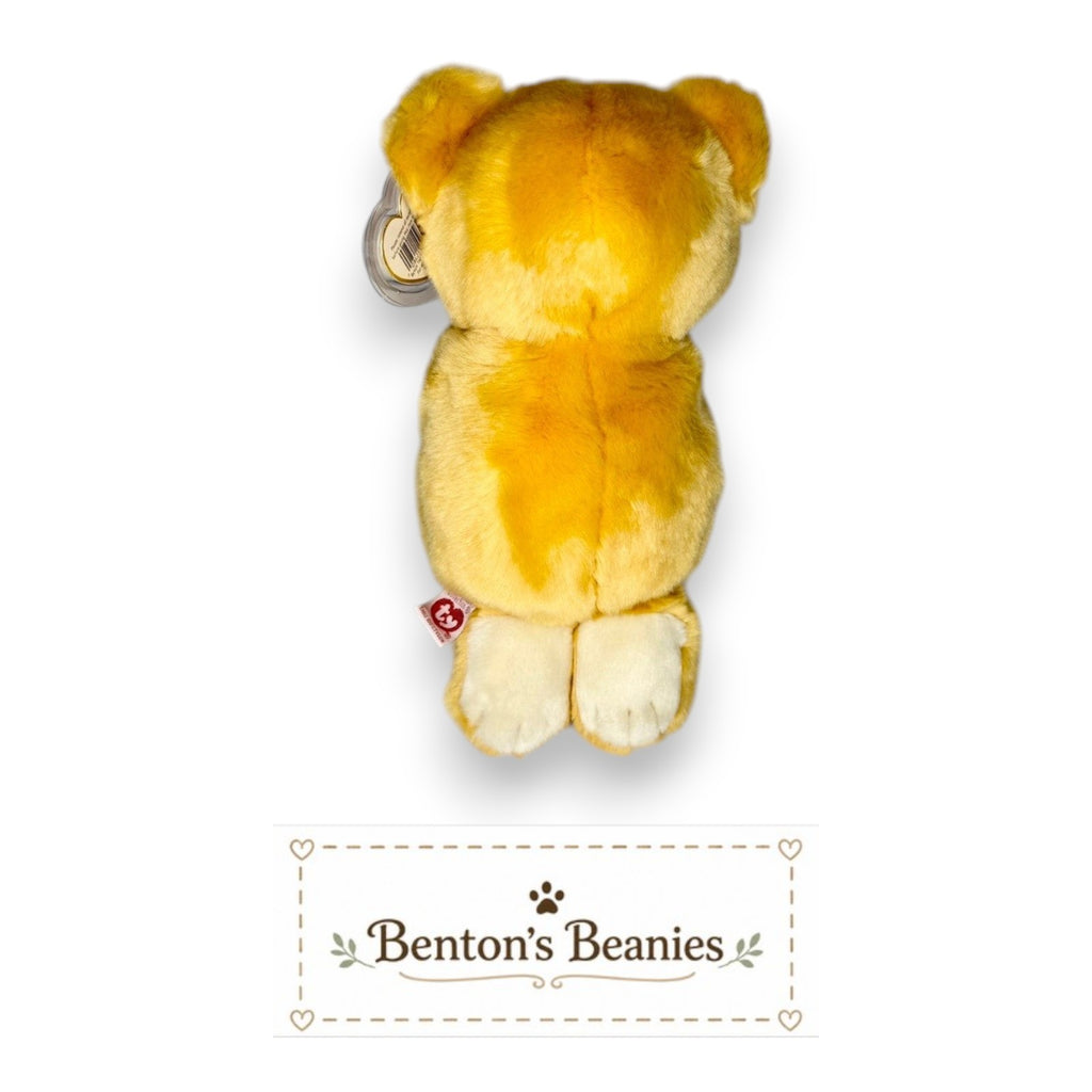 Benton's Beanies golden plush praying bear with embroidered eyes and folded paws. Vintage Ty Beanie Buddy.