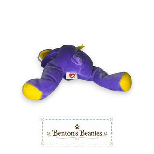 Benton's Beanies Baba the Purple Sheep TY Pillow Pal plush toy with yellow accents and a mint heart tush tag.