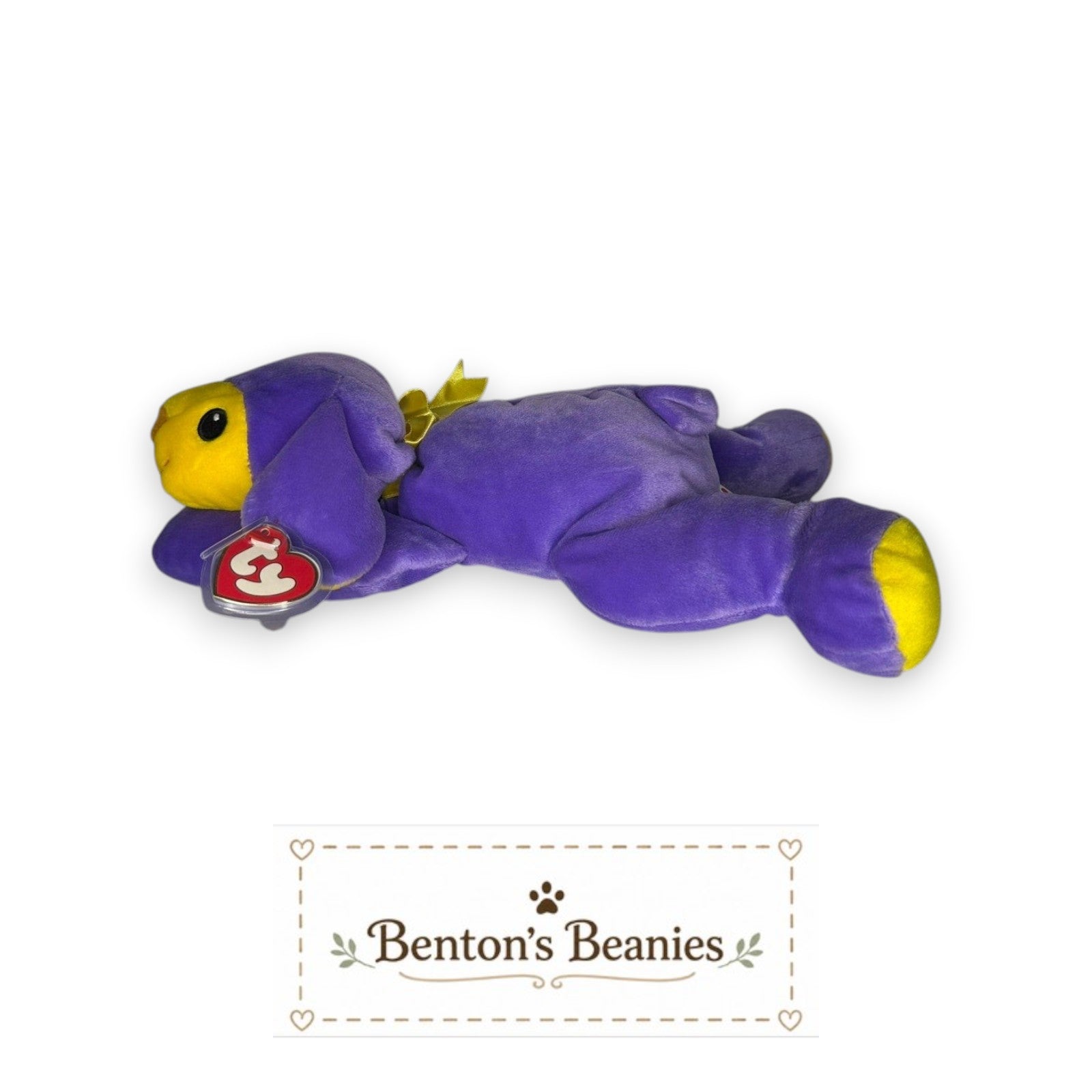 Benton's Beanies Baba the Purple Sheep TY Pillow Pal plush toy with yellow accents and a yellow ribbon.